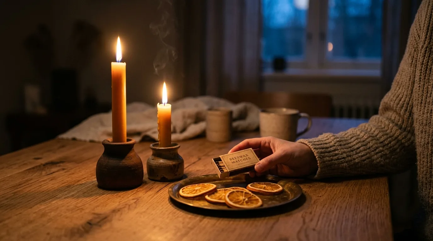 To tente bivokslys i leirestaker på et trebord, med fyrstikker og tørkede appelsinskiver