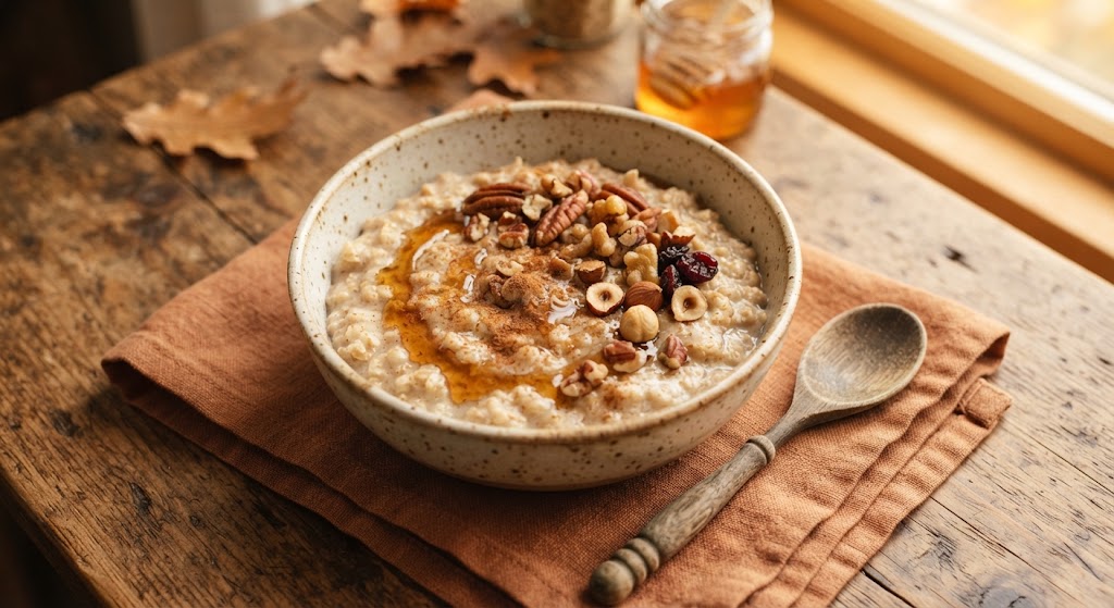 Havregrøt med pumpkin spice sirup og hakkede nøtter