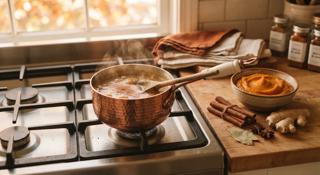 Hjemmelaget pumpkin spice sirup som småkoker i en kjele, med kanelstenger, ingefær og gresskarpuré på benken